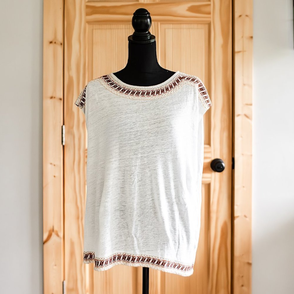 Artisan NY Women's Blouse Size Medium Ivory Cap Sleeve Embroidered Boho Light